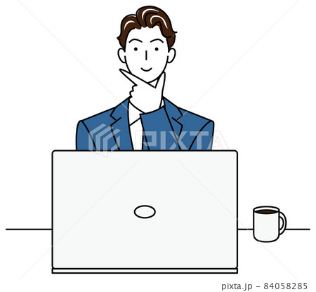 パソコンの前に座り前向きに考えているスーツ姿の可愛い男性 イラスト ベクター パソコンの前に座り前向きに考えているスーツ姿の可愛い男性 イラスト ベクター 84058285