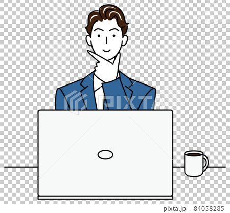 パソコンの前に座り前向きに考えているスーツ姿の可愛い男性 イラスト ベクター パソコンの前に座り前向きに考えているスーツ姿の可愛い男性 イラスト ベクター 84058285