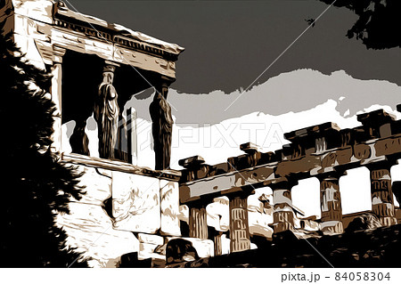 Temple Erechtheion with the famous porch of the caryatids instead of columns in the Acropolis 84058304