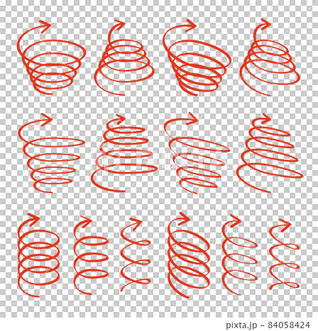 マーカーで手書き風の線のさまざまな螺旋スパイラル矢印のセットのイラスト素材