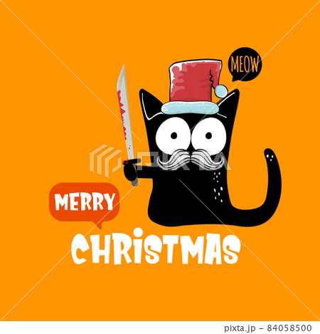 Merry Christmas greeting card or banner with Black cat with Santa hat holding bloody knife isolated on orange background. Funny Christmas black cat and knife. Christmas concept illustration 84058500