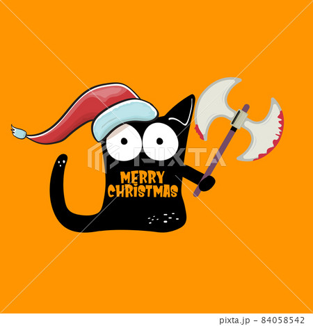 Merry Christmas greeting card or banner with Black cat with Santa hat holding bloody knife isolated on orange background. Funny Christmas black cat and knife. Christmas concept illustration Merry Christmas greeting card or banner with Black cat with Santa hat holding bloody knife isolated on orange background. Funny Christmas black cat and knife. Christmas concept illustration 84058542