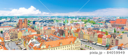 Top aerial panoramic view of Wroclaw old town historical city centre with Rynek Market Square Top aerial panoramic view of Wroclaw old town historical city centre with Rynek Market Square 84059949