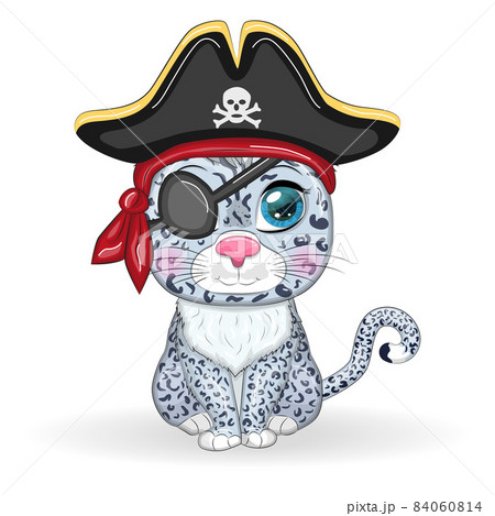 Snow leopard pirate, cartoon character of the game, wild cat in a bandana and a cocked hat with a skull, with an eye patch. Character with bright eyes Isolated on white 84060814