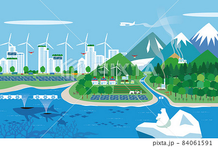 都会と地方の再生可能エネルギーで地球温暖化防止イメージのベクターイラスト 84061591