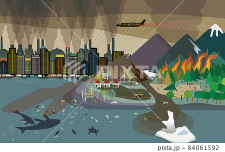 都会と地方の地球温暖化で破壊される自然環境イメージのベクターイラスト 84061592