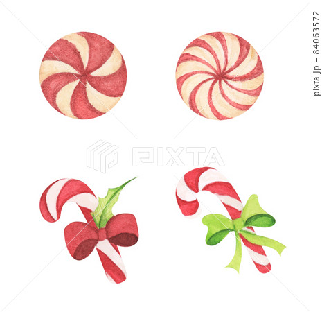 Set of candies, sweets and striped lollipops. Watercolor illustration. 84063572