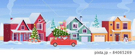 Christmas card design of car with tree on the top 84065269