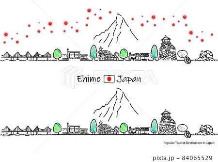 愛媛県の観光地の街並みと新型コロナウイルスのシンプル線画セット 84065529