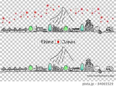 A simple line drawing set of the cityscape of tourist spots in Ehime prefecture and the new coronavirus 84065529