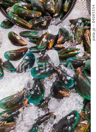 Group of the raw mussels on the ice tray for sale of the seafood market. Group of the raw mussels on the ice tray for sale of the seafood market. 84065554