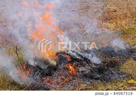 Wildfire on field after harvesting burning dry grass meadow due arid climate change hot weather and environmental pollution 84067319