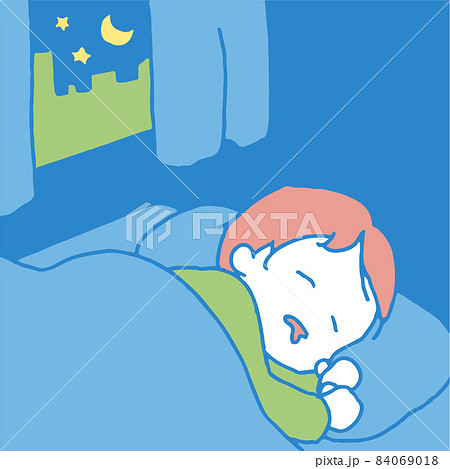 夜に眠りにつく男の子のイラストのイラスト素材