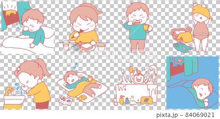 子供の1日の生活を描いたイラストセットのイラスト素材