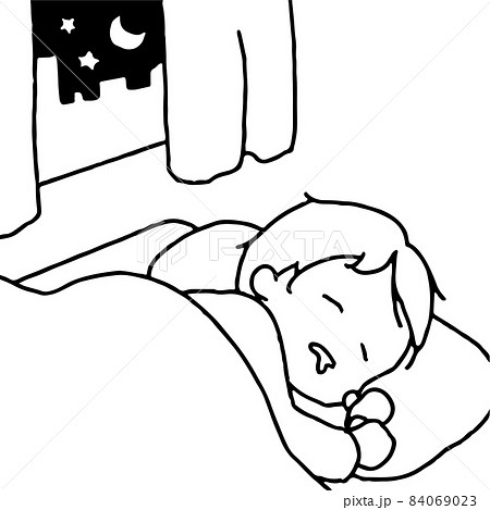 夜に眠りにつく男の子のイラストのイラスト素材