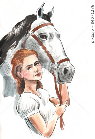 Beautiful lady and her white horse. Ink and watercolour drawing Beautiful lady and her white horse. Ink and watercolour drawing 84071276