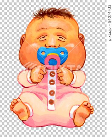 おしゃぶりをくわえる赤ちゃんの厚塗り手描きイラスト　ユーモアがある乳幼児の絵本風イラスト 84074432