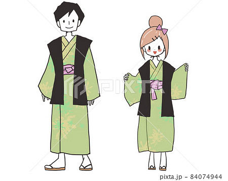 夫婦 カップル 浴衣 温泉 イラストのイラスト素材