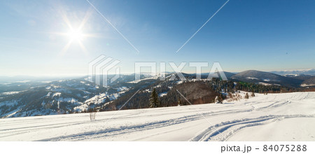 wonderfully majestic winter landscape glowing by sunlight. wintry scene. Carpathian, Ukraine, Europe. Beauty world. Happy New Year 84075288