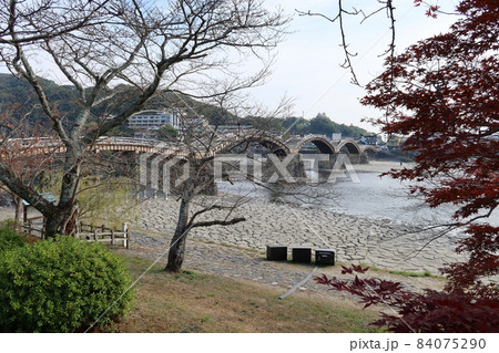 日本の紅葉の時期の川景色：山口県岩国市を流れる錦川と錦帯橋 84075290