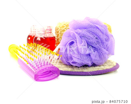 soft bath puff towel and shower accessories with space copy background soft bath puff towel and shower accessories with space copy background 84075710