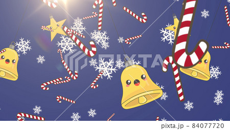 Image of falling snowflakes and christmas decorations on blue background 84077720