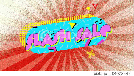 Flash sale graphic on blue capsule shape and moving elements on radiating striped red background bac 84078248