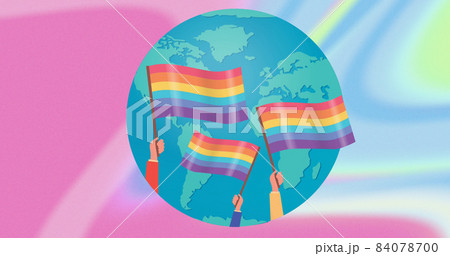 Image of rainbow flags over globe on pastel background 84078700