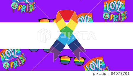 Image of rainbow ribbon over purple background with love and pride texts 84078701