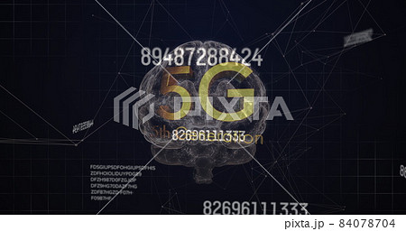 Multiple changing numbers and 5g text against human brain spinning on black background Multiple changing numbers and 5g text against human brain spinning on black background 84078704
