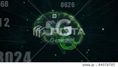 Image of 5g 5th generation text with numbers changing over glowing human brain on black backgrou 84078705