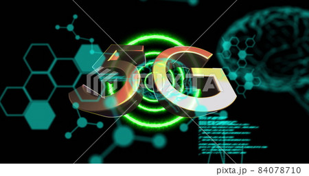Image of 5g text with data processing over glowing human brains and purple circles 84078710