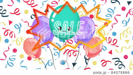Image of word sale in white with colourful balloons and streamers on white Image of word sale in white with colourful balloons and streamers on white 84078866