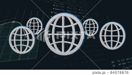 Multiple web icons against statistical and stock market data processing on black background Multiple web icons against statistical and stock market data processing on black background 84078876