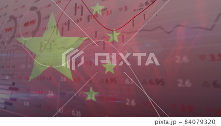 Image of chinese flag waving over financial data processing with lines recording 84079320
