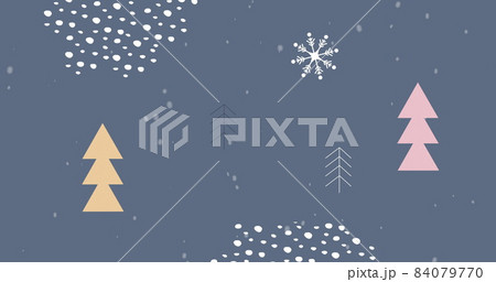 Snow falling over abstract shapes and Christmas trees moving against grey background 84079770