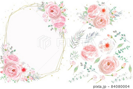 可憐なピンク系のバラの花とリーフのゴールドフレームセットベクターイラスト素材のイラスト素材