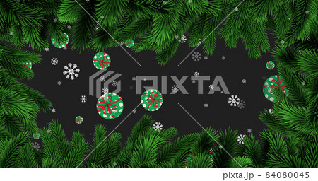 Image of snow falling and christmas baubles decoration with fir trees on black background Image of snow falling and christmas baubles decoration with fir trees on black background 84080045