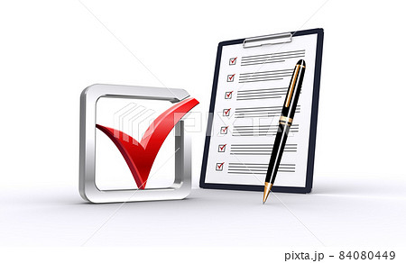 3Dのチェックマークとクリップボード、ボールペン 3Dのチェックマークとクリップボード、ボールペン 84080449