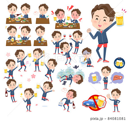 お酒に関するスポーツウエアを着た中年男性のセットのイラスト素材