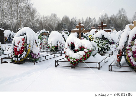 Cemetery in winter, fresh graves of those who died from a pandemic with wreaths covered with snow Cemetery in winter, fresh graves of those who died from a pandemic with wreaths covered with snow 84081386
