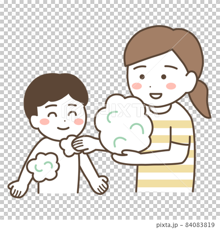 Mother washing her child with lathered soap (body soap) foam 84083819
