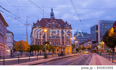 Illustration of view on streets in night light of Szeged 84083999