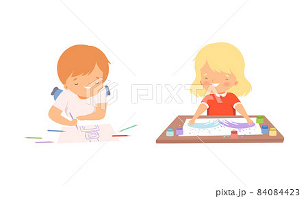 Little Boy and Girl at Table Drawing on Paper with Colored Pencil and Paints Vector Set Little Boy and Girl at Table Drawing on Paper with Colored Pencil and Paints Vector Set 84084423