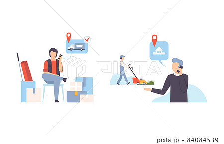 Man Ordering Freight Mover and Gardening Service Vector Set 84084539
