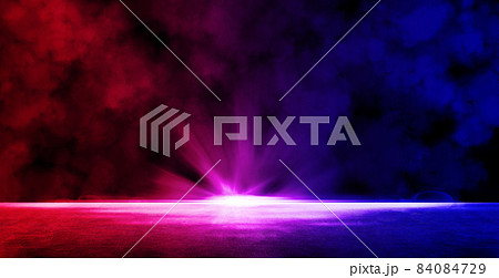 Studio dark room with fog or mist and lighting effect red and blue on concrete floor grunge texture background. 84084729