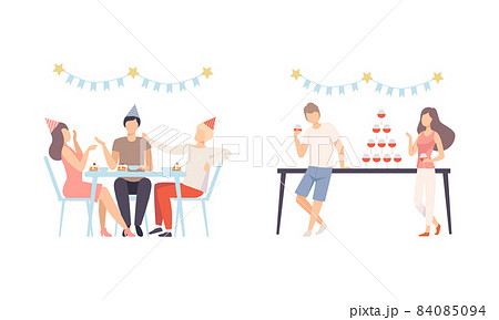 Joyful People Character in Cone Hat Eating Cake at Table and Drinking Cocktail Celebrating Feast Vector Illustration Set Joyful People Character in Cone Hat Eating Cake at Table and Drinking Cocktail Celebrating Feast Vector Illustration Set 84085094