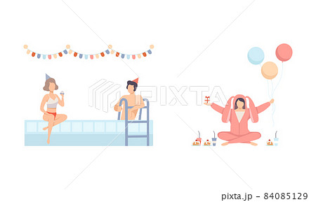 Joyful People Character in Cone Hat at Swimming Pool Drinking Cocktail Celebrating Feast Vector Illustration Set 84085129