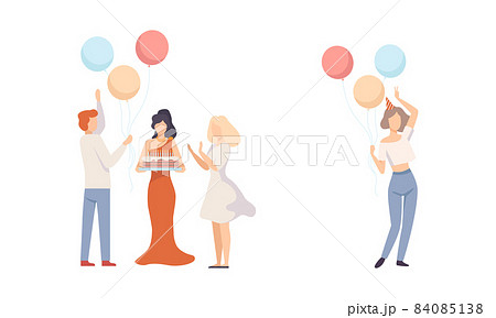 Joyful People Character in Cone Hat with Cake and Candles Celebrating Feast Vector Illustration Set 84085138