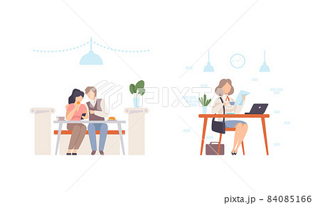 Man and Woman Character Eating Out Sitting at Cafe Table Having Dinner Vector Set 84085166